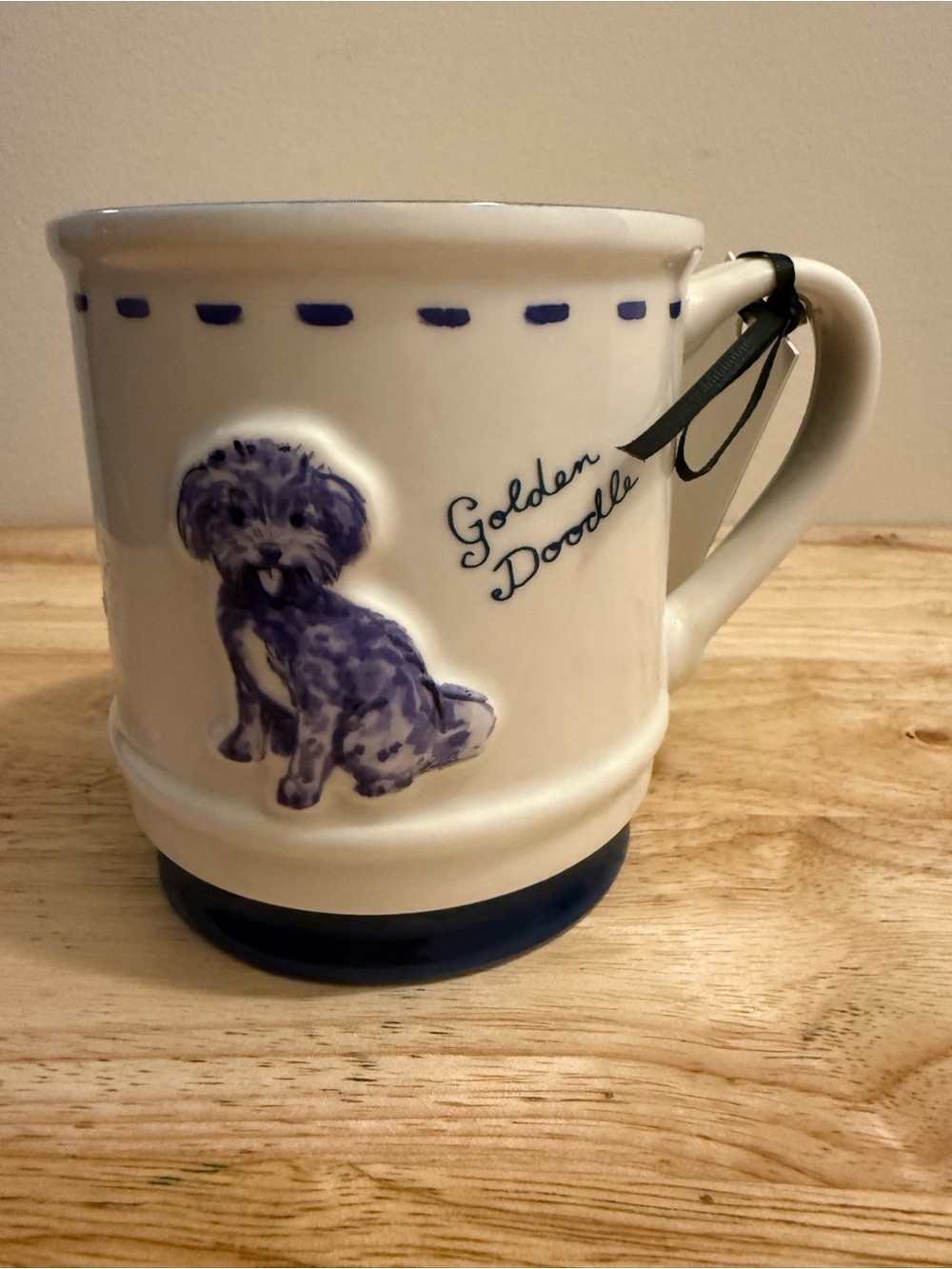 Golden Doodle Ceramic Mug in White with Blue Artwork